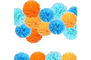 Aimtohome Blue Orange Pom Poms Party Decorations, 12 PCS Tissue Pom Poms for Birthday Party, Family Gathering,Wedding,Boy or Girl Nursery Classroom Decoration