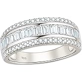 Wuziwen Women Sterling Silver Round and Baguette Eternity Ring Wedding Band for Women Cubic Zirconia Sz 5-10