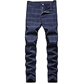 Men's Chino Pants Skinny Fit Plaid Flat-Front Stretch Slim Stylish Casual Business Dress Pants