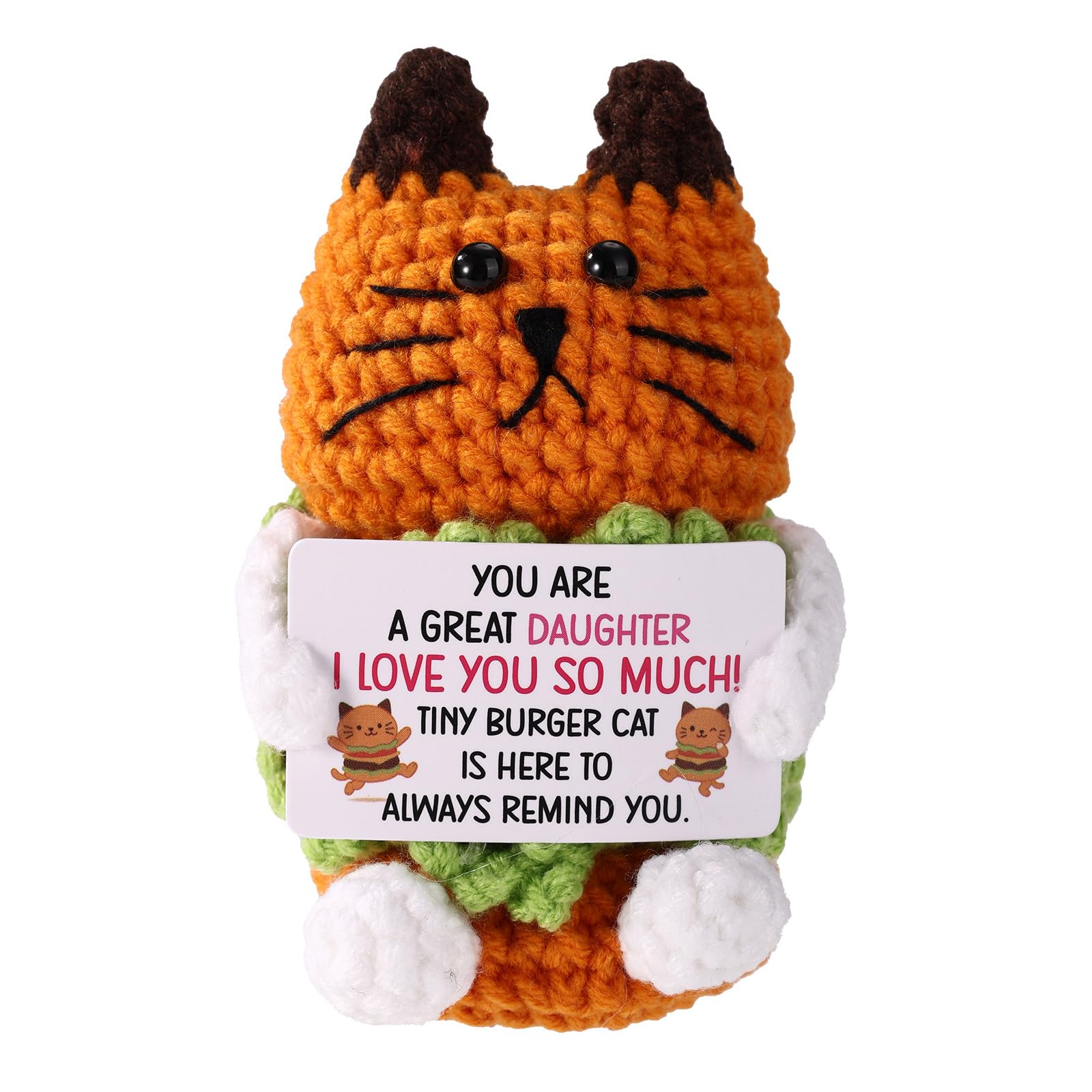 TOYMIS Crochet Hamburger Cat, Positive Handmade Knitted Burger Cat Doll with Inspirational Gift Card Motivational Animal Desk Decor for Daughter Birthday Christmas from Mom Dad