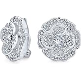Bridal Cubic Zirconia Pave Twist Halo AAA CZ 3D Flower Rose Clip On Earrings For Women Mother Wedding Prom Formal Holiday Party Non Pierced Ears Silver Plated