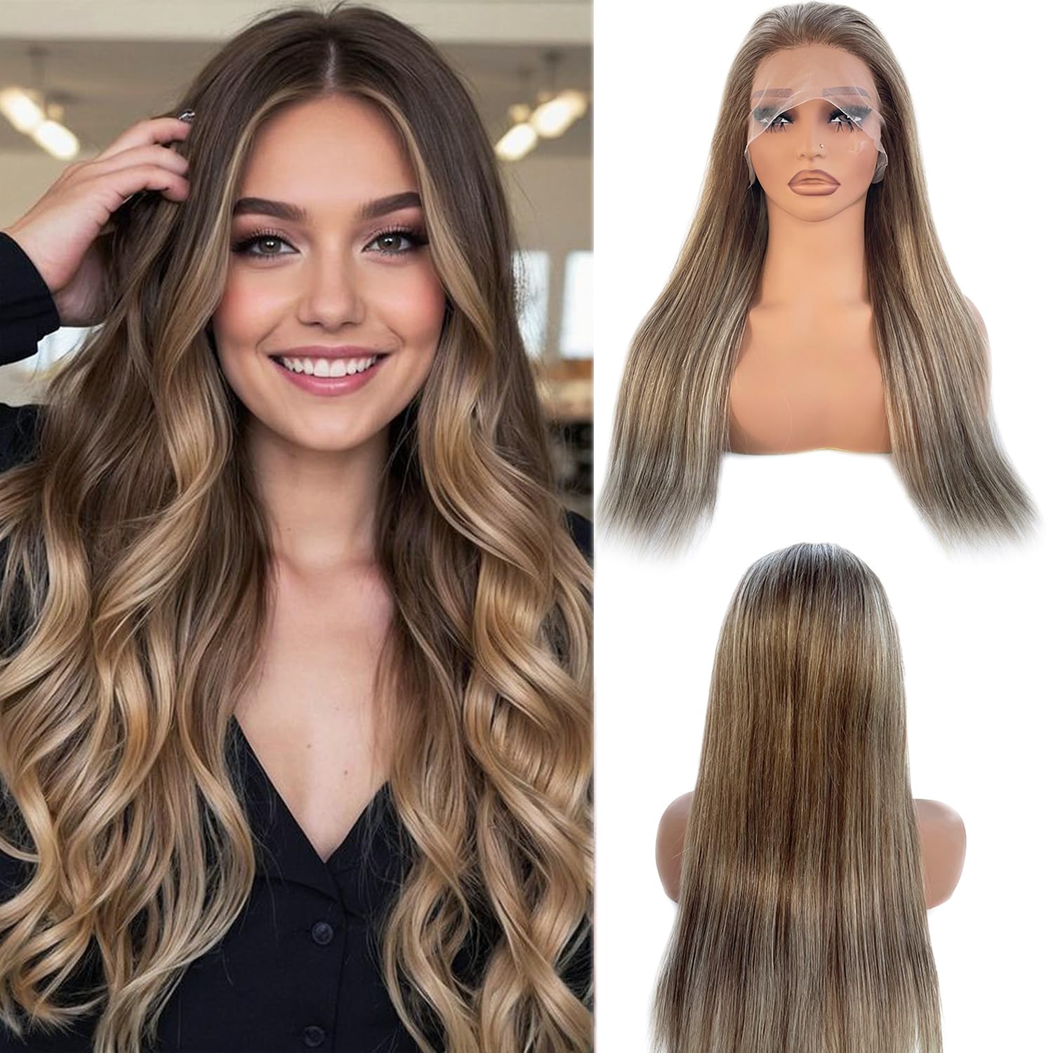 Photo 1 of Chocolate Brown with Ash Blonde Highlight Lace Front Wig Human Hair, 13x4 HD Lace Frontal Real Human Hair Wig for White Women Pre Plucked Straight 180% Density Brazilian Remy Glueless Wigs 16 Inch
