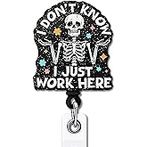 YAZMEEN Funny Skeleton Skull Badge Reel Gifts - I Don't Know I Just Work Here - Retractable Badge Holder with Clip - Black Glitter Acrylic ID Card Holder - Gifts for RN ER Nurse Doctor Medical Work