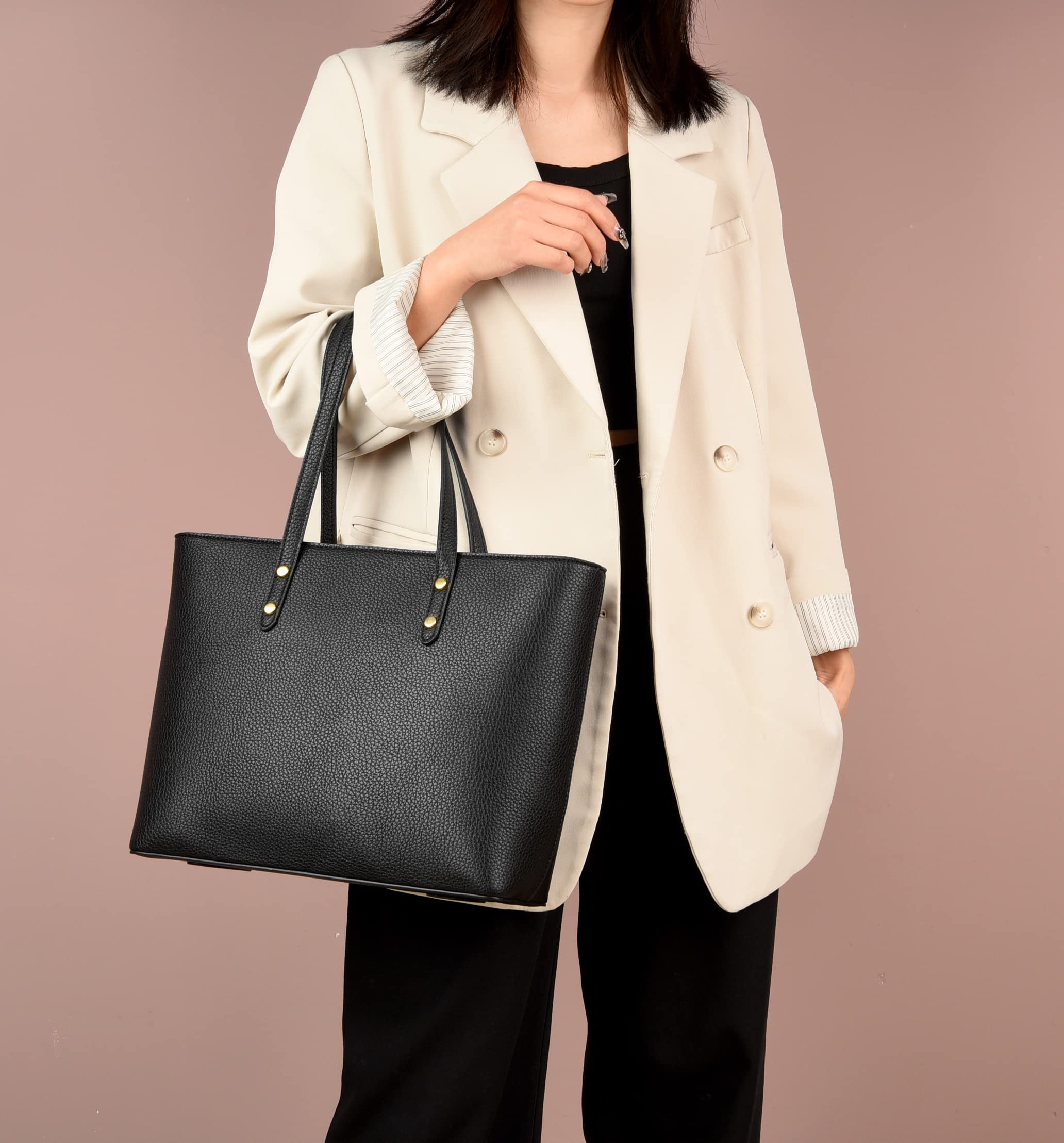 FSD.WG Women's Tote Bag, Business Bag, Fashionable, Popular, 2-Way Handbag, Work or School, Large Capacity, Leather, Birthday Gift, 6192 Black