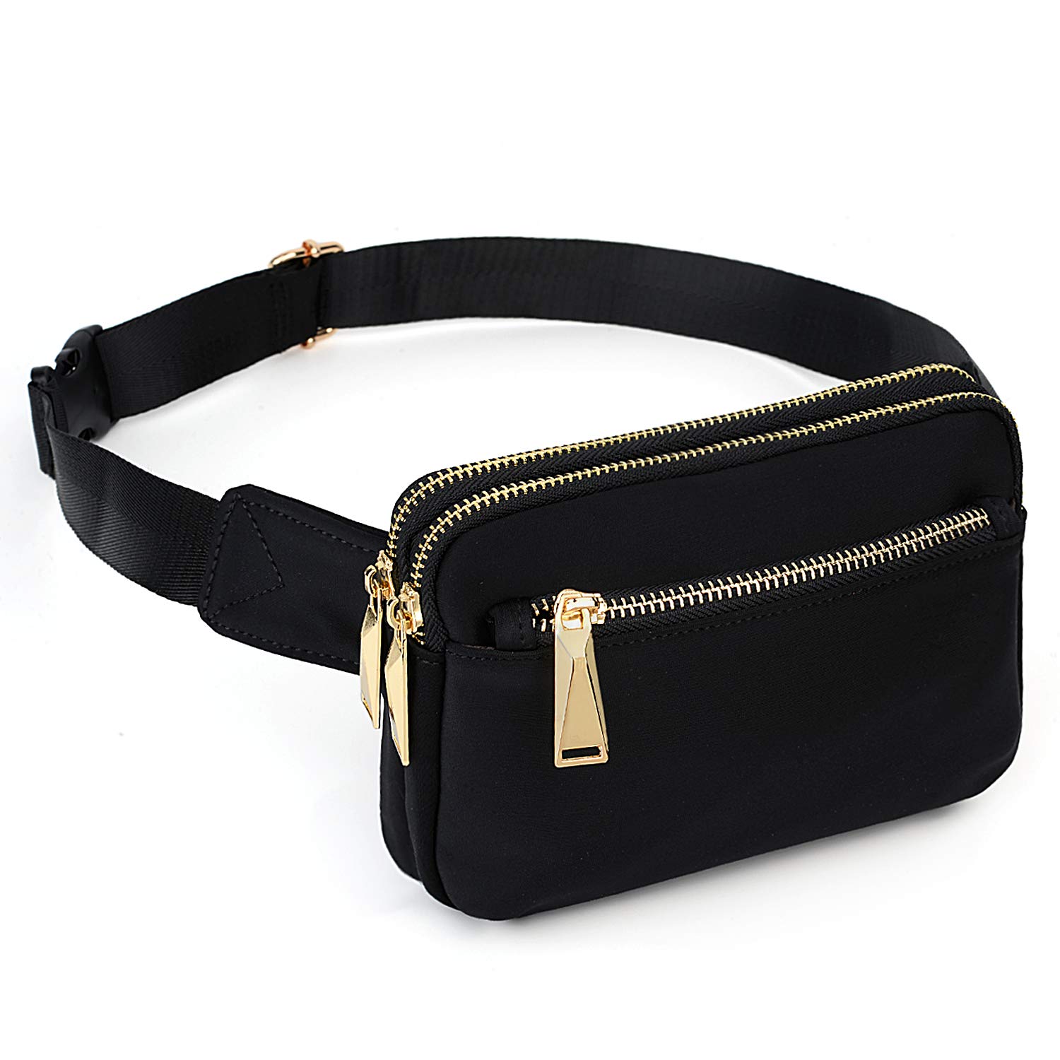 Bumbags for Ladies Sports Travel Fanny Pack Women Men Fashion Waist Packs Mother Mum Fits Mobile Phone Golden Zippers Waterproof Nylon by UTO Black