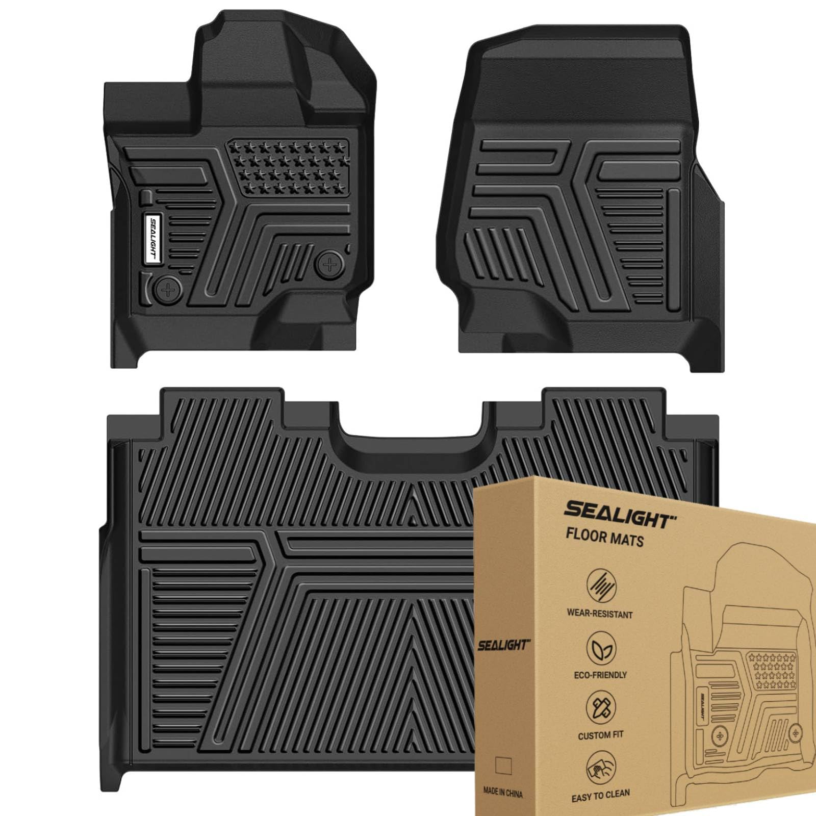 SEALIGHT Floor Mats Fit for 2015-2024 2025 Ford F150 SuperCrew/Crew Cab Car Mats All Weather Protection Custom Full Set Include 1st and 2nd Row, Automotive Floor Liner Black TPE 3PCS