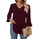 Funlingo Womens 3/4 Length Sleeve Tops Dressy Casual V Neck Business Chiffon Blouses Pleated Trendy Work Shirts
