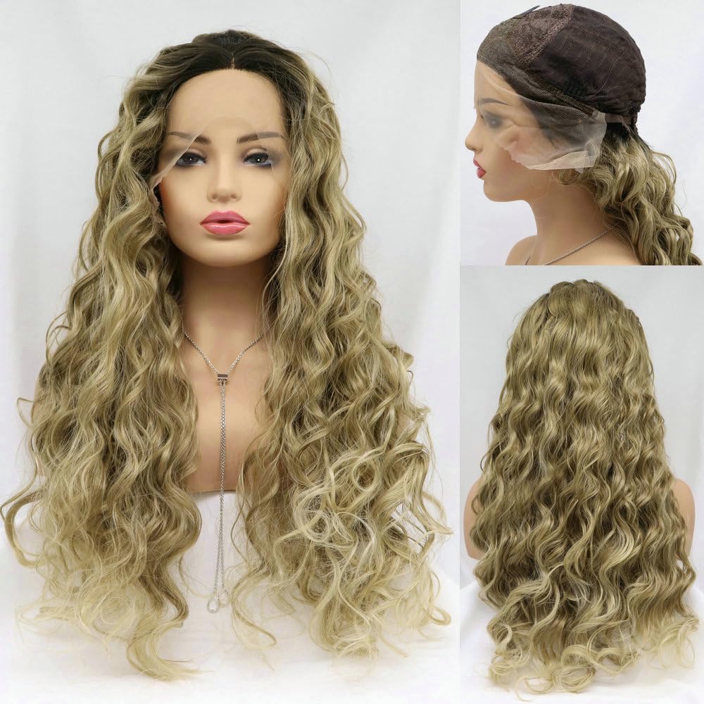 13x3" Handtied Size Heat Resistant Blonde Ombre Color Women Wigs Long Curls Synthetic Lace Front Wigs Cosplay Party Wedding Use Drag Queen Replacement Girl's Lolita Cosplay Wig 24"