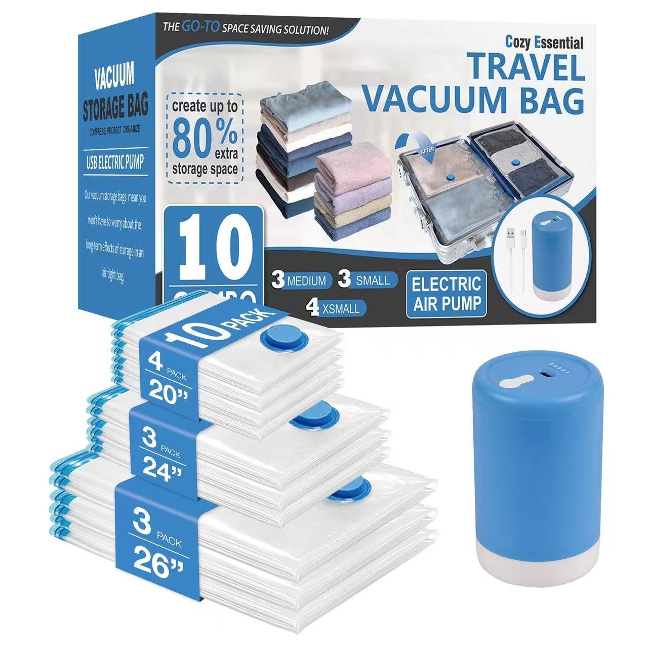 Photo 1 of 10 Pack Travel Vacuum Storage Bags with Rechargeable Wireless Electric Pump for Luggage, Suitcase, Carry-on Size Vacuum Seal Compression Space Saver Bags for Clothes and Clothing Travel