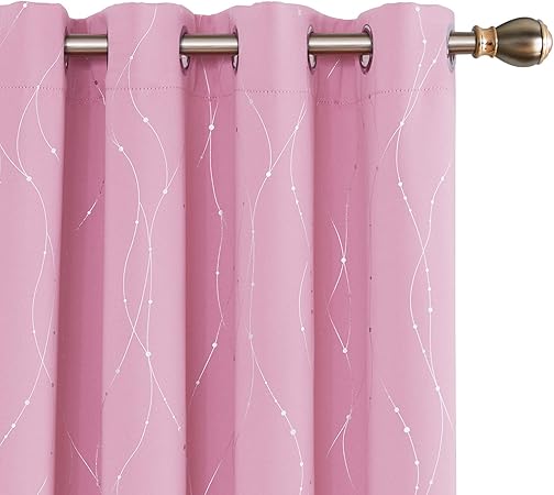 Deconovo Lot De 2 Rideau Occultant Thermiques Rideaux Imprimés Argents Oeillets Rideau Chambre Adulte Rose 132x114cm