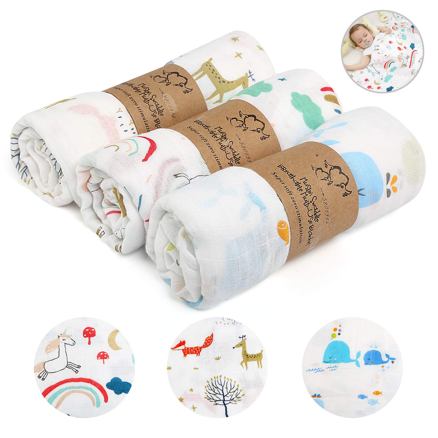 Ballery Soft Large Swaddle Blankets - 3 Pack Cotton Muslin Squares, 120cm x120cm for Baby Boys & Girls
