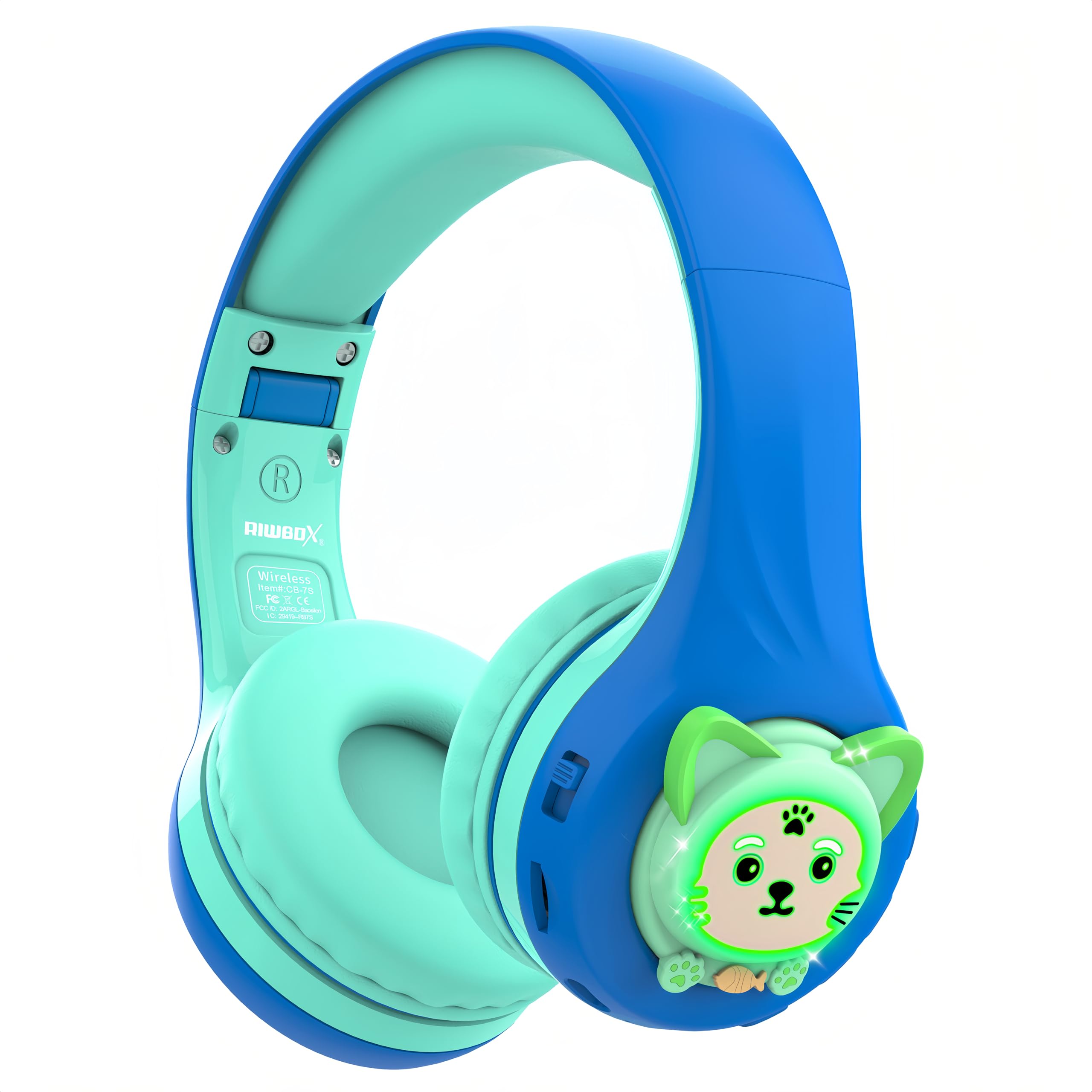 Riwbox CB-7S Kids Wireless Headphones,with Safe Volume Control 74/85/95dB,LED Glow Lights,50H Playtime,Bluetooth V5.3,Built-in Mic, TF Card Slot,for Travel/School/Phone/Laptop(Blue&Green)