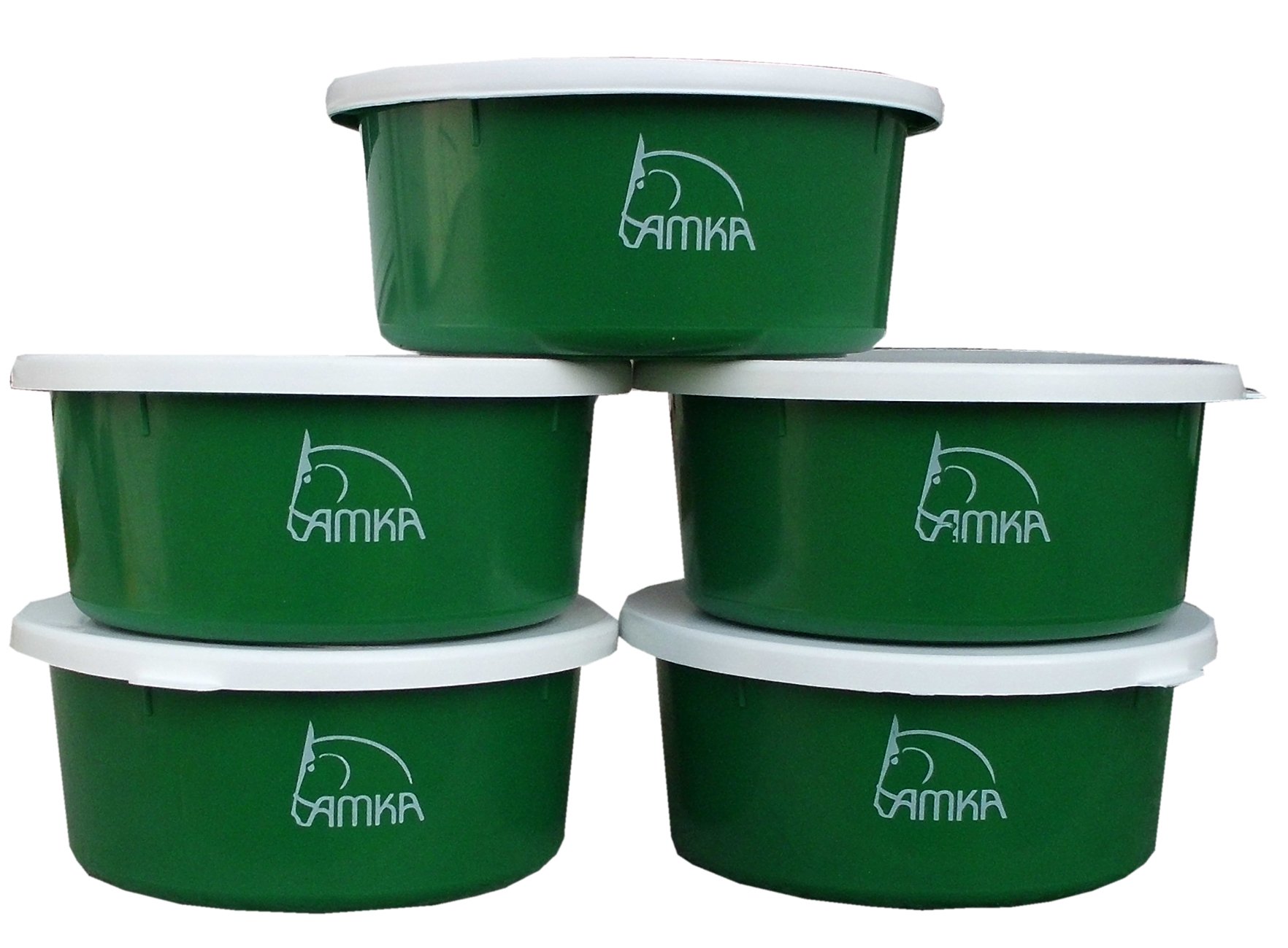 Amka Animal Feeding Bowls with Lid, 2 Litres, Water / Feeding Bowl for Horses, Dogs, Animals, Green, Set of 5