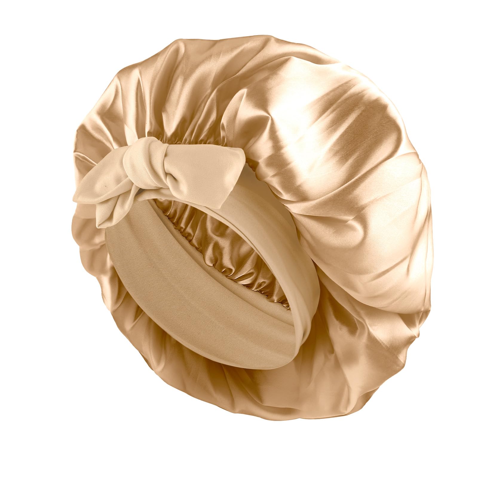 Abeillo Silk Sleep Bonnets for Women, 1PC Adjustable Satin Night Sleeping Cap with Soft Elastic Band, Hair Bonnet with Tie Band for Curly Hair Braid Women (Gold) — image 1