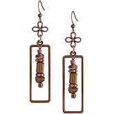 MINACHI Vintage Copper Tone Rectangle Drop Earrings, Boho Stone and Copper Bead Dangles with Flower Accent, Hippie Jewelry For Women