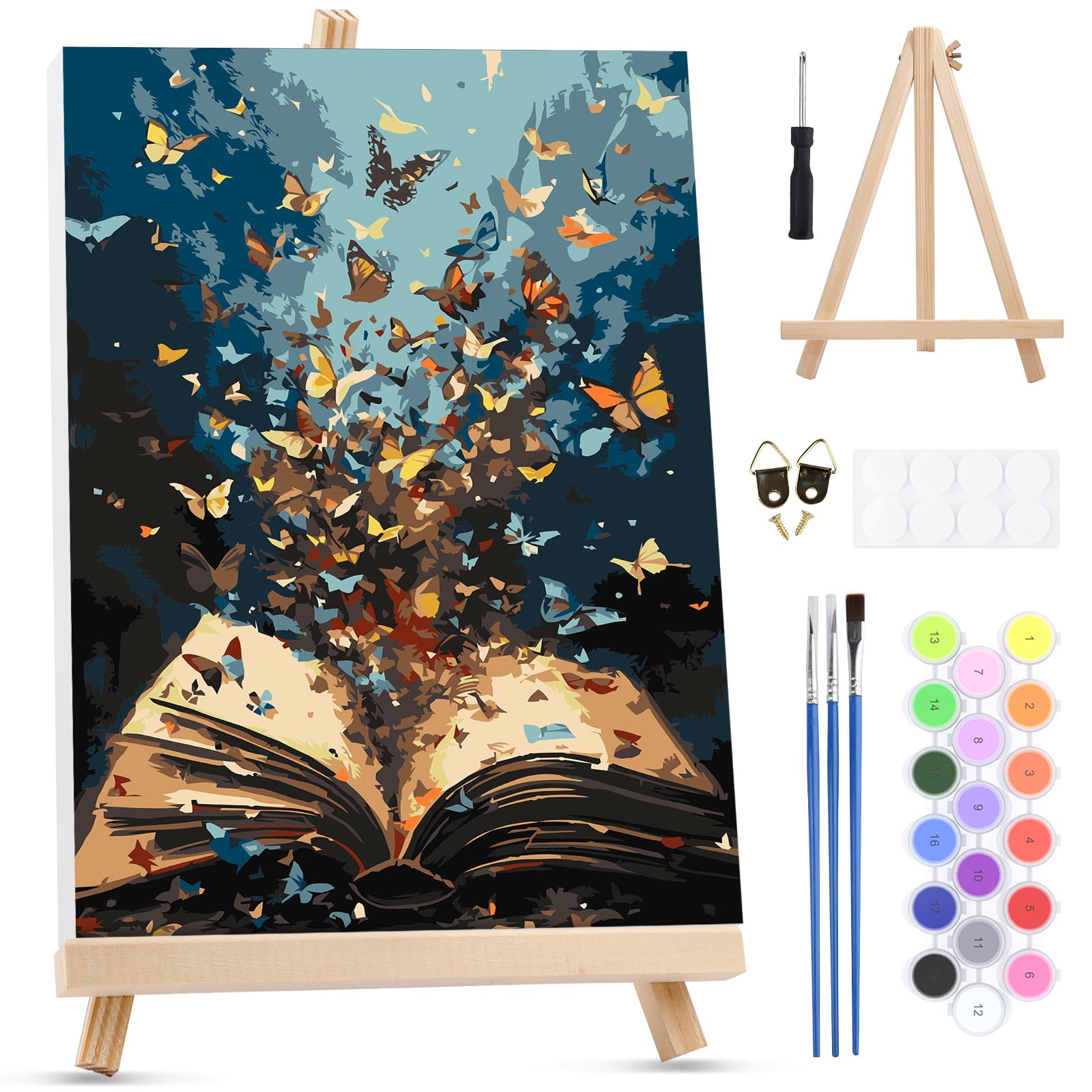 MXJSUA Butterflies Book Paint by Numbers Kit with Frame for Adults, Easy Beginners Paint by Number on Canvas with Easel, Acrylic Number Painting Craft Gifts for Home Decor, 20x30cm