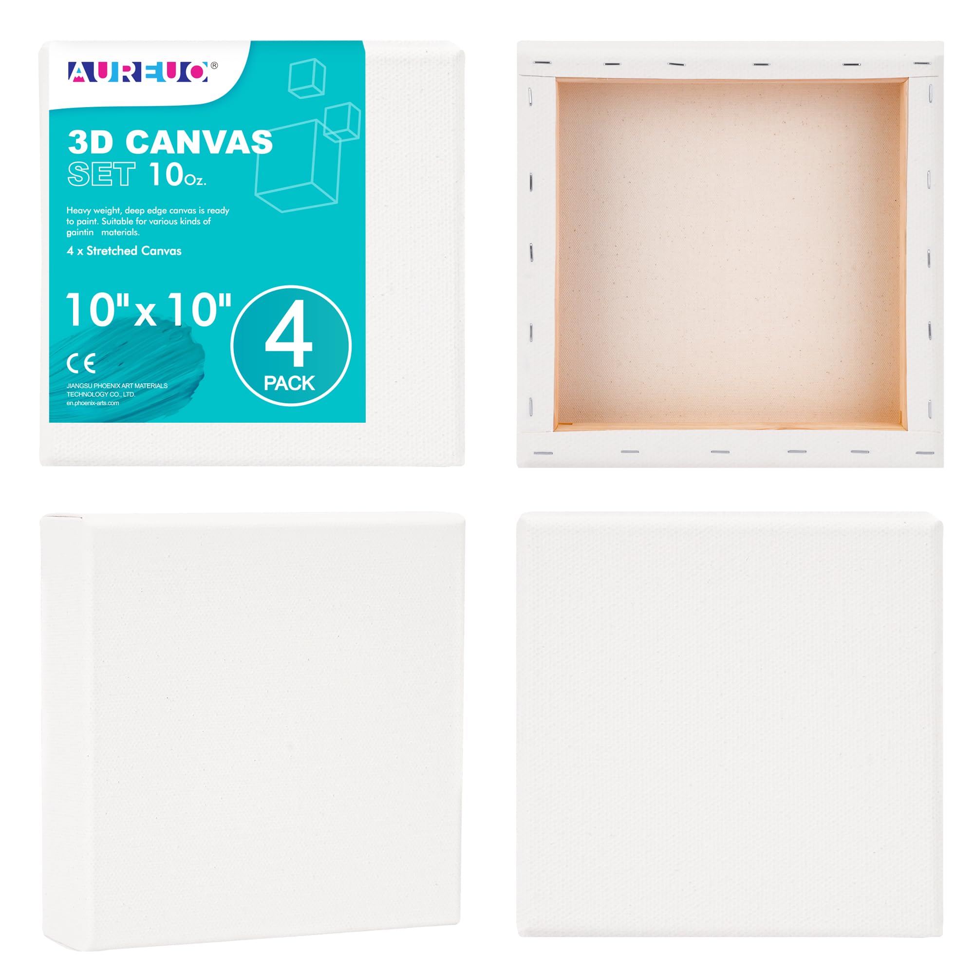 Photo 1 of AUREUO 10x10 Inch Gallery Wrapped Canvas - 1.5 Inch Depth 4 Pack - 10 Oz Triple Gesso Primed 100% Cotton Square White Artist Canvases for Acrylic & Oil Paints