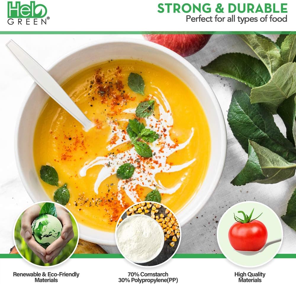 [50 Pack] HeloGreen Eco-Friendly Cornstarch 6" Disposable Soup Spoons: Heavyweight Heavy Duty Elegant Alternative to Plastic Spoons, Plasticware Utensils Cutlery, Ivory: Health & Personal Care