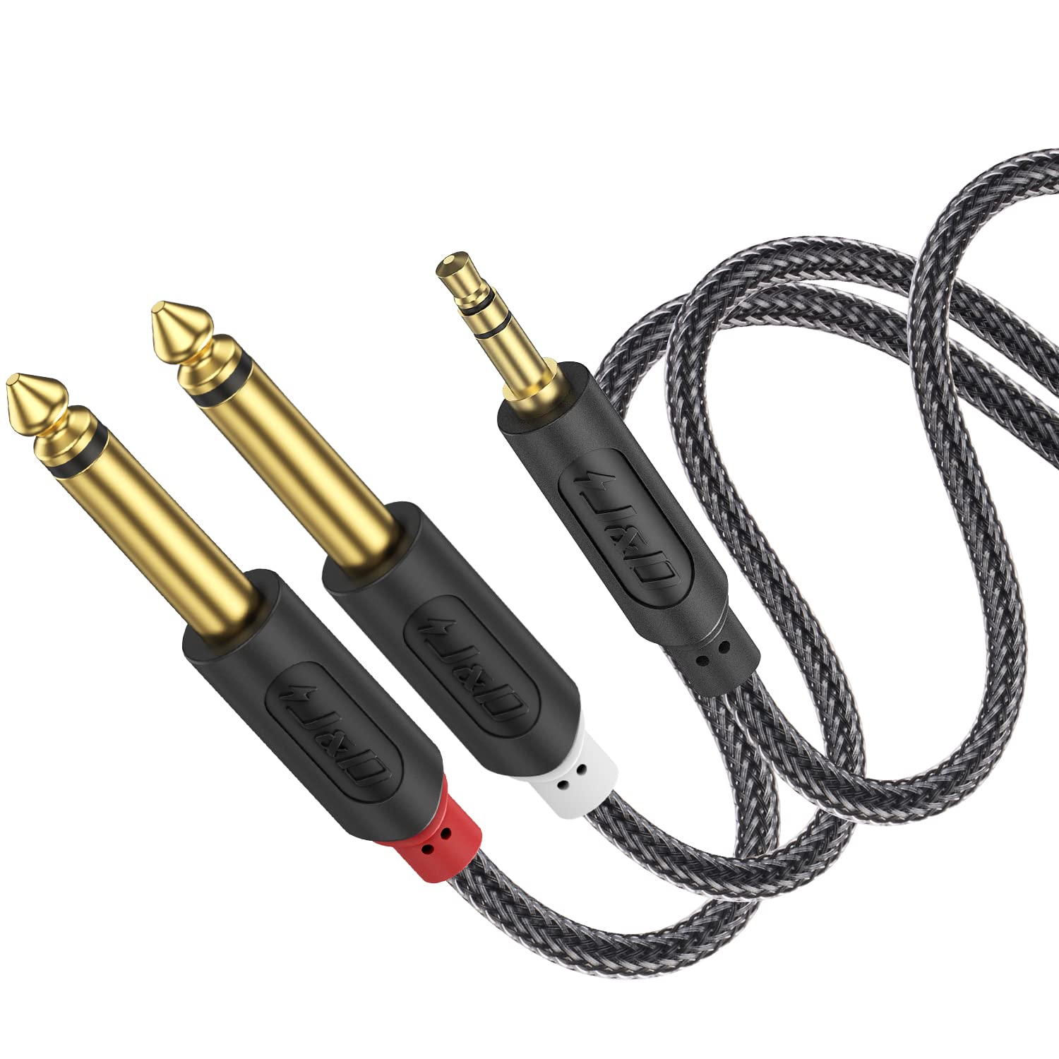 J&D 3.5mm TRS to Dual 6.35mm TS Breakout Cable, Gold Plated Audiowave Series 1/8 to Dual 1/4 Stereo Cable Splitter with Nylon Braid Compatible with PC, Computer Sound Card, Mixer, Speaker, 2.7 Meter