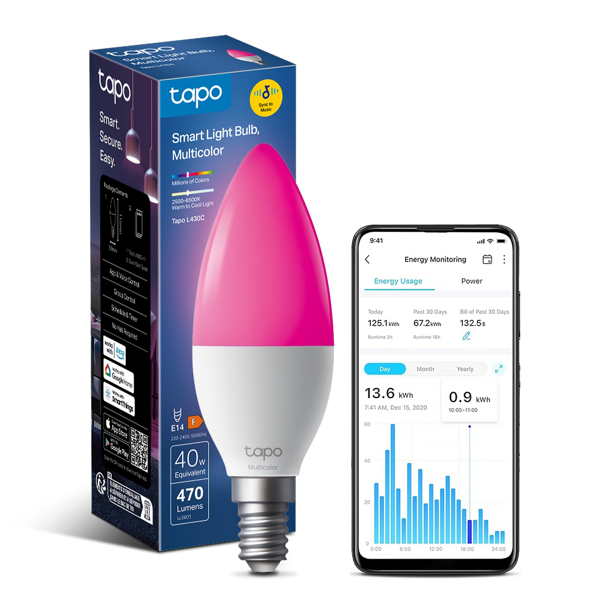 Tapo L430C Smart Bulb, Alexa Light Bulbs, LED Light Bulb, E14 Smart Light Bulb, 470 Max Lumens, Dimmable, Colour Changing Light Bulb, Auto Biorhythm,Music Sync,Voice/APP Control,Schedule & Timer