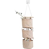 AARAINBOW 1 Pack Mini Cotton Linen Fabric Closet Detachable Foldable Washable Hanging Storage Bag with 3 Pockets Over The Wall Door Organizer for Room Bathroom (Khaki)