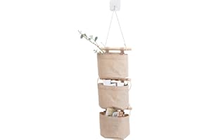 AARAINBOW 1 Pack Mini Cotton Linen Fabric Closet Detachable Foldable Washable Hanging Storage Bag with 3 Pockets Over The Wall Door Organizer for Room Bathroom (Khaki)