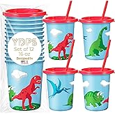 Dinosaur Cups for Kids Party with Straw and Lid, Set of 12 - Dino Cups - Dinosaur Birthday Decorations For Kids - Perfect Dino Party Favors for Boy and Girl - Reusable Cup For Birthday Decor