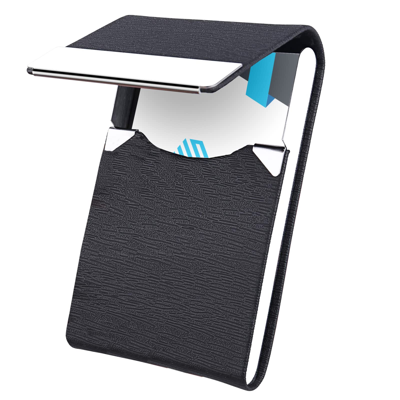Waylipun Business Card Holders, Professional PU Leather Business Card Case, Keep Business Cards in Immaculate Condition, Slim Metal Pocket Card Holder with Magnetic Shut (Black)