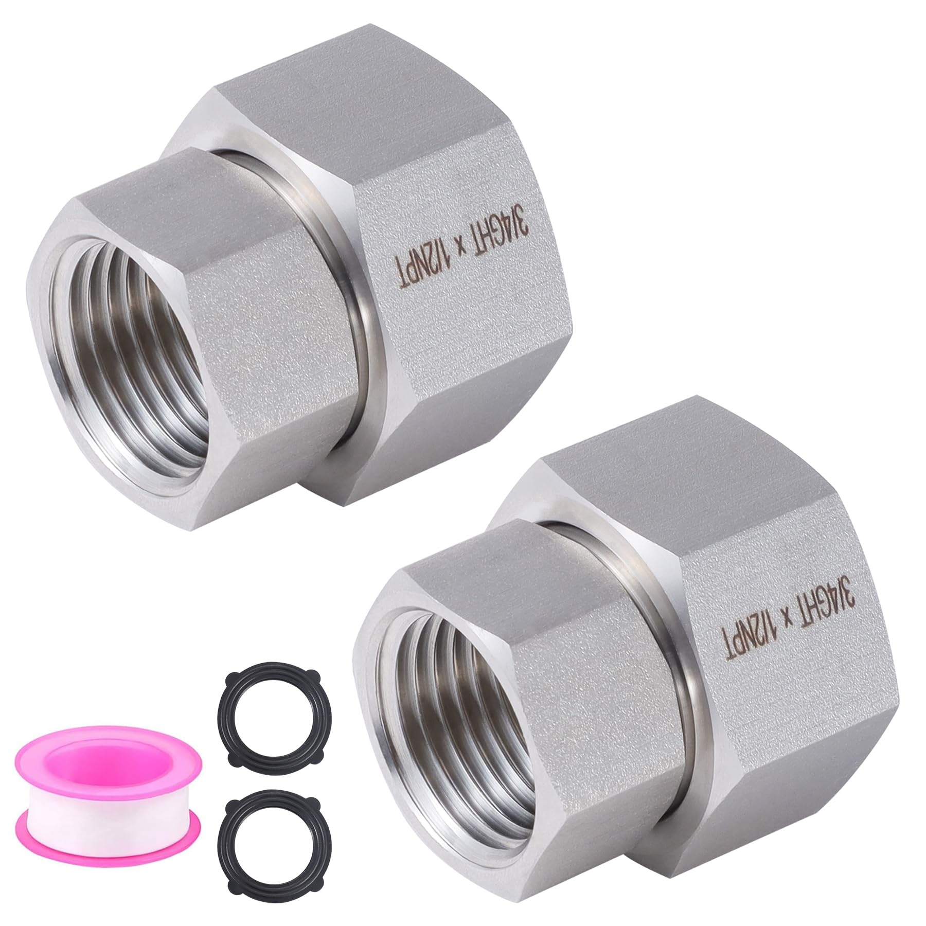 Photo 1 of 2 Pcs Stainless Steel Garden Hose Fittings Connectors Adapter,3/4" GHT to 1/2" NPT Repair Female to Female Double dual water hose connector, Lead-Free
