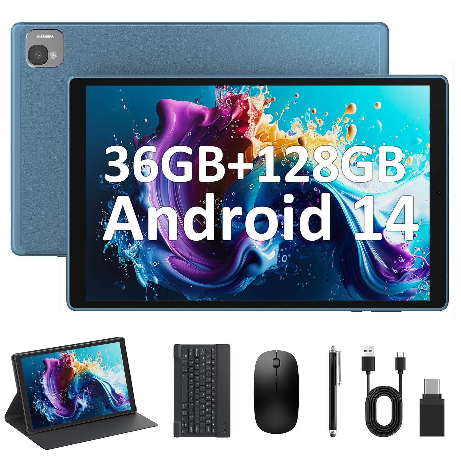 2025 Latest Android 14 Tablets,10.1 Inch Tablet with 36GB RAM 128GB ROM Expand 1TB, 8000mAh Battery, 8+13MP Camera IPS LCD Screen, Support WiFi 5GHz/BT5.0/GPS, 2 In 1 Android Tablet with Keyboard Blue
