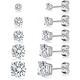 Gemsme 6 Pairs Cubic Zirconia Stud Earrings for Women/Men - Round Cut 4 Prong Settings 18K Gold Plated Hypoallergenic 3-8mm Clear Earrings Set