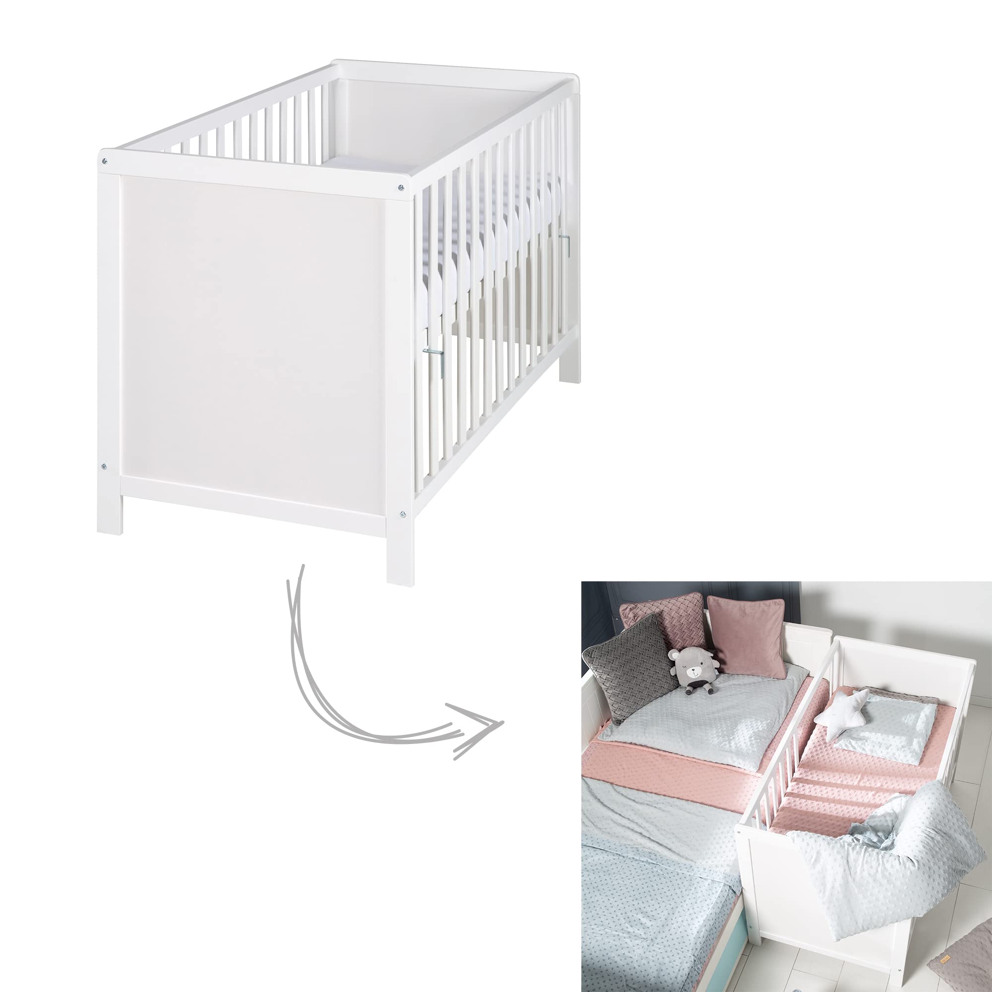 Roba Extra Cot and Cot on Parent's Bed Height-Adjustable Baby Bed with 5 Slip-On Rests Including Slatted Frame 60 x 120 cm