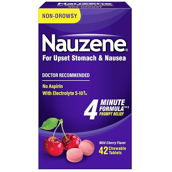 NAUZENE NON-DROWSY UPSET STOMACH & NAUSEA RELIEF CHEWABLE TABLETS – FAST-ACTING RELIEF IN 4 MINUTES – DOCTOR RECOMMENDED – WILD CHERRY FLAVOR, 42 CT