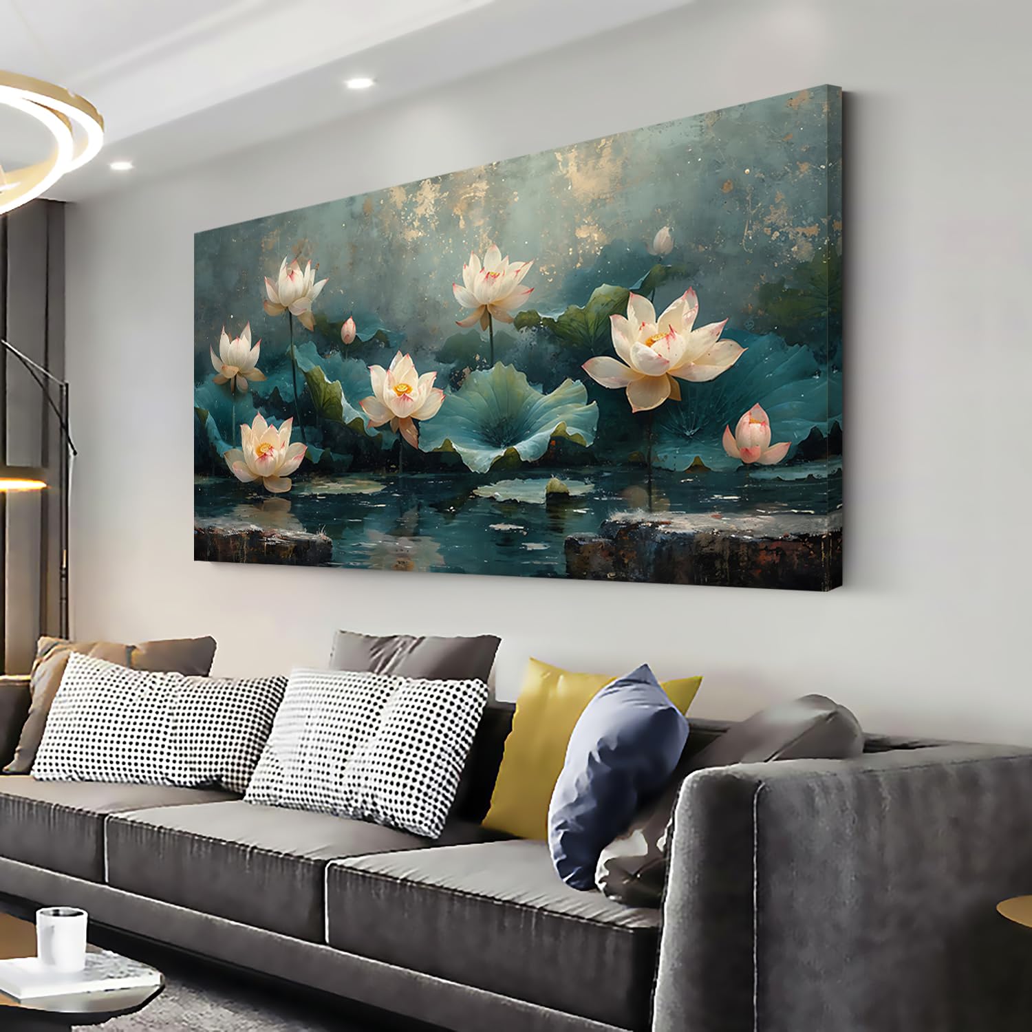 Photo 1 of ZESTFLICKR Wall art of lotus pond, canvas decoration, used for religious yoga rooms and cicada-themed spaces, home and living room decoration, gifts, hand-painted works, masterpieces. (28x58inch)