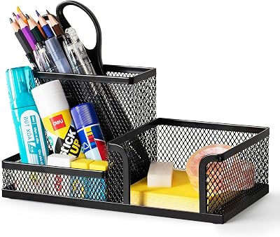 Schreibtisch Organizer aus Drahtmetall, Multifunktionale Organisation mit Stifthalter und Aufbewahrungskörben, für Zuhause und Büro, 3 Fächer, Schwarz