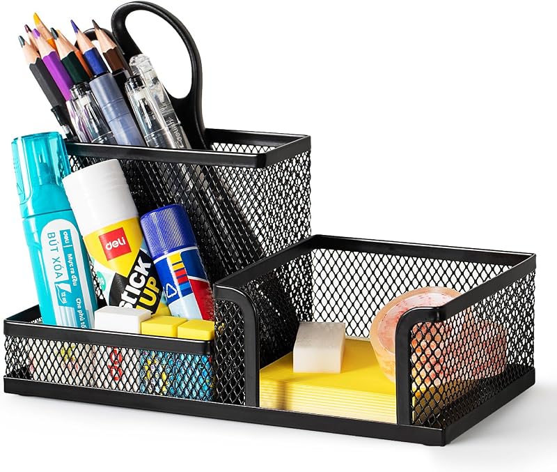 Schreibtisch Organizer aus Drahtmetall, Multifunktionale Organisation mit Stifthalter und Aufbewahrungskörben, für Zuhause und Büro, 3 Fächer, Schwarz