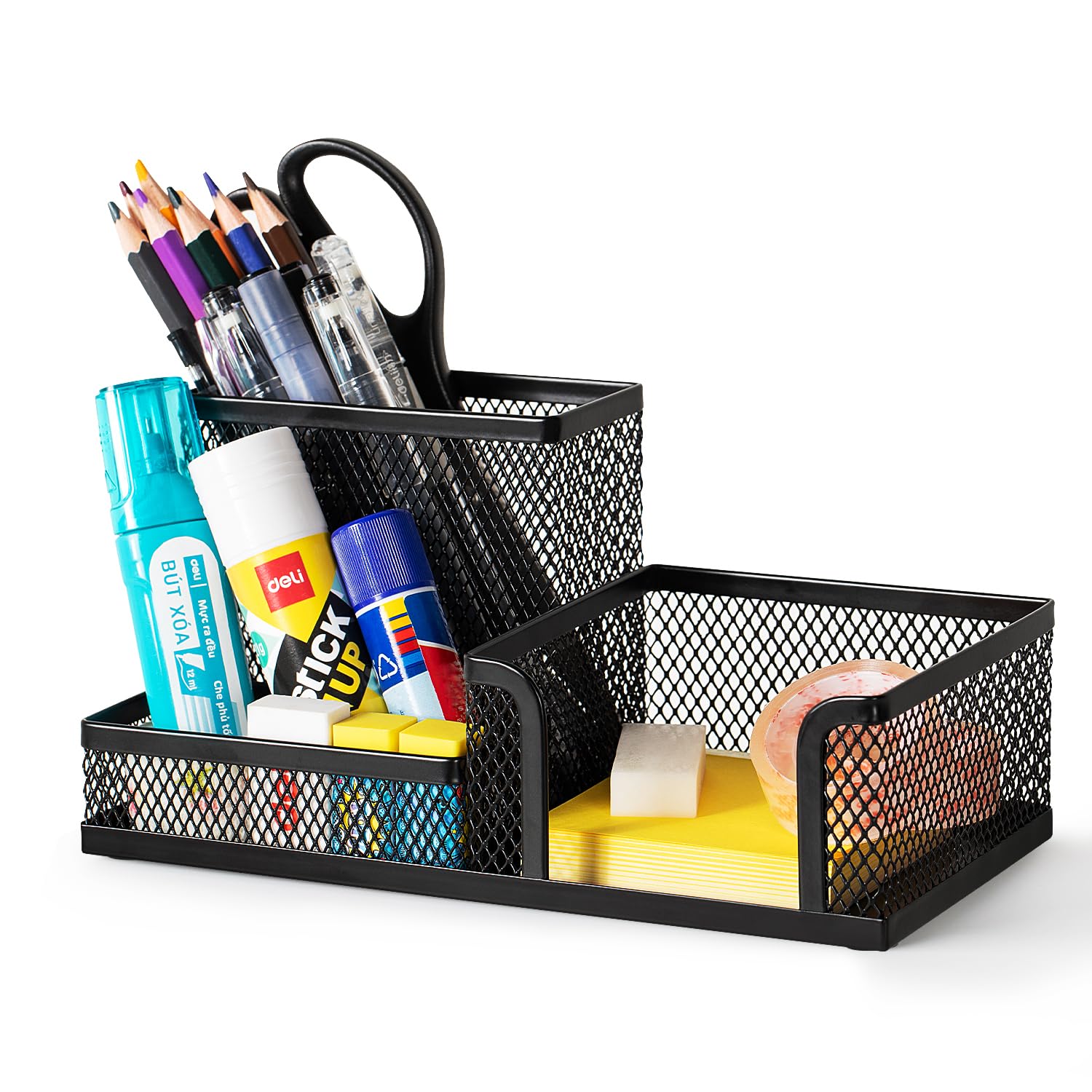deli Mesh Desk Organizer Office Supplies Caddy with Pencil Holder and Storage Baskets for Desktop Accessories, 3 Compartments, Black