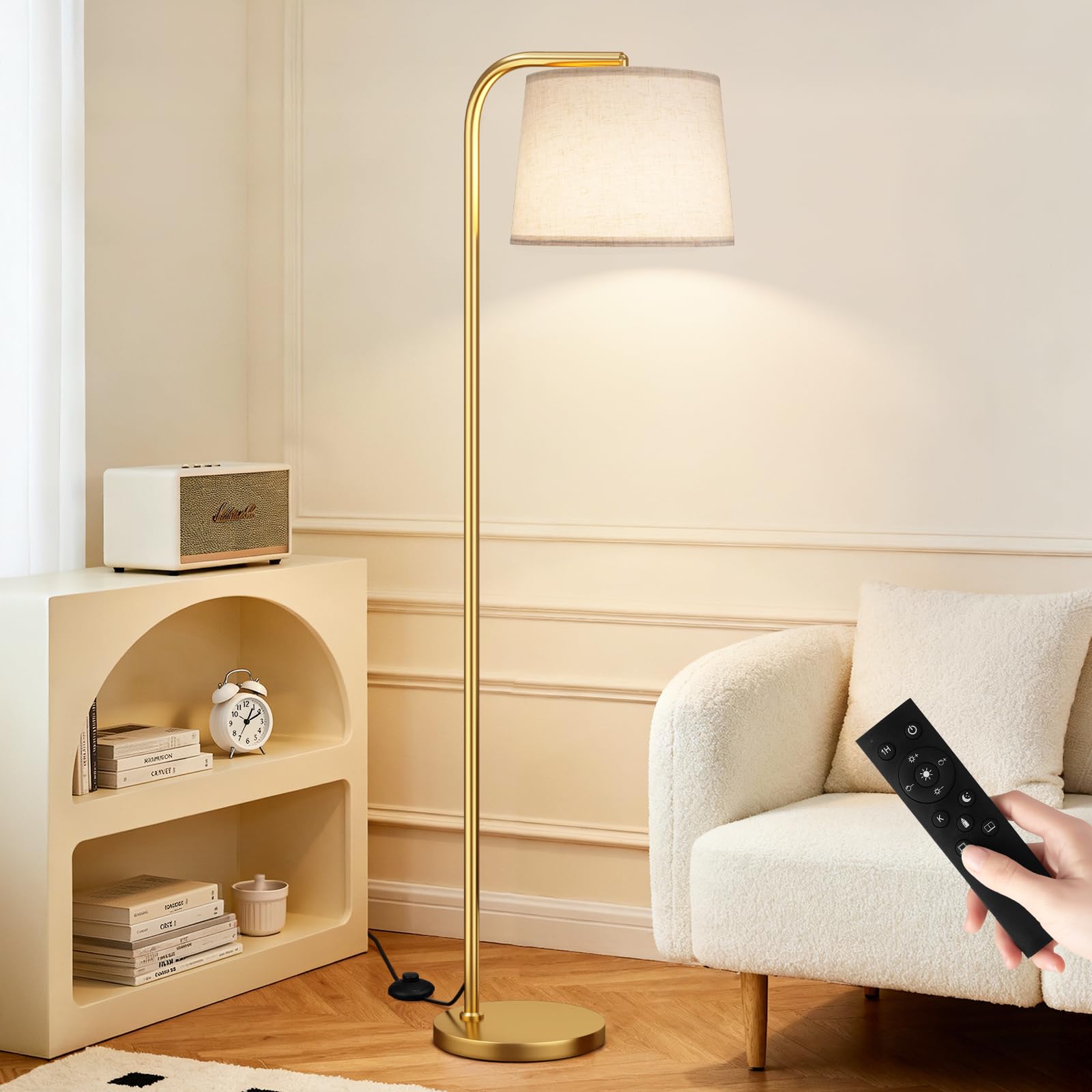 Ambimall Remote-Controlled Floor Lamp - Color Temperature Adjustable and Fully Dimmable, Standing Lamp for Living Room with Rotating Head, Tall Lamp for Bedroom, 9W Bulb Included (Gold and Beige) Image