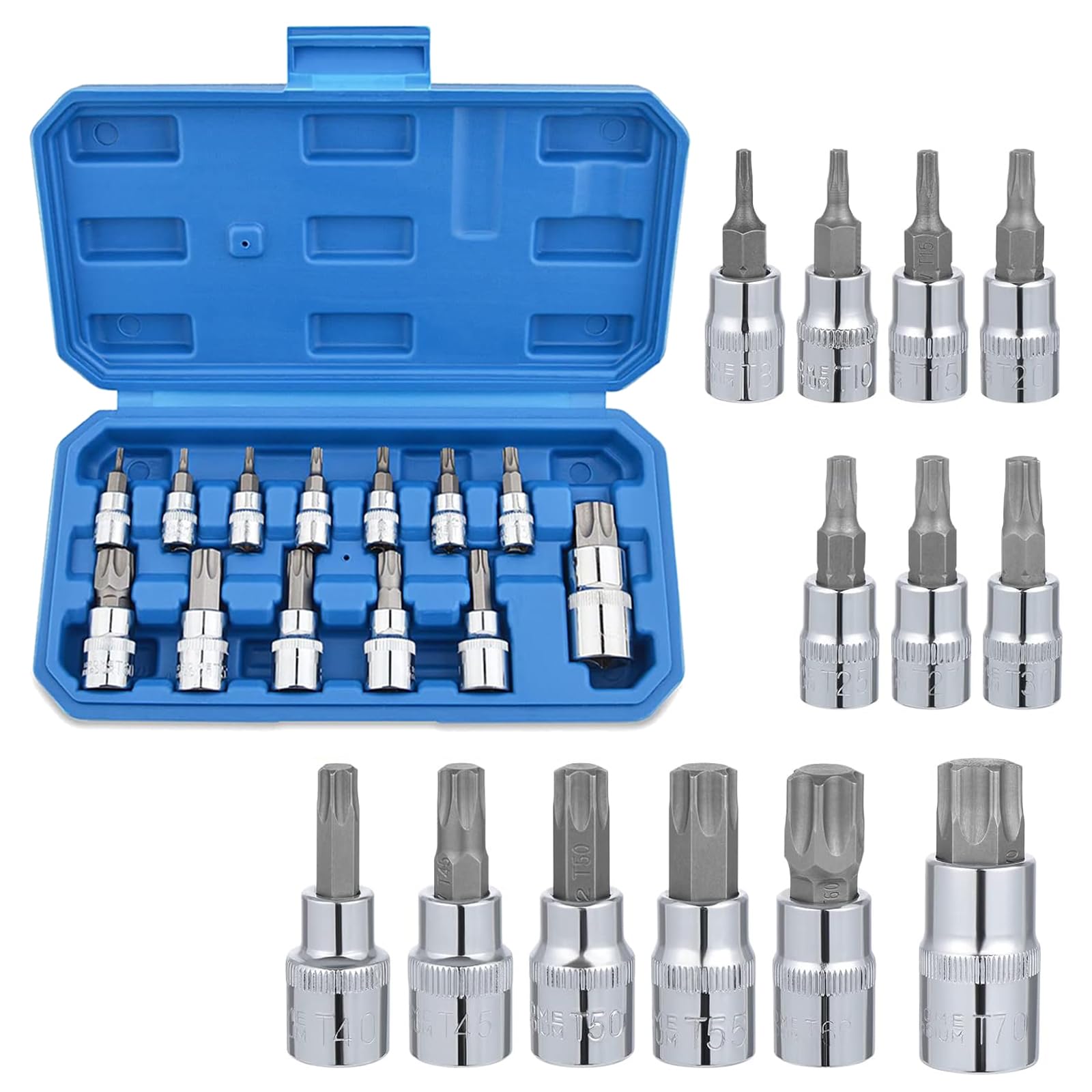 CLKE 13 Piece Torx Temelle T8 - T70 Socket Torx Male 1/2 Inch 1/4 Inch 3/8 Inch Torx Bit T55 T8 T10 T15 T20 T25 T27 T30 T40 T45 T50 T60 T70