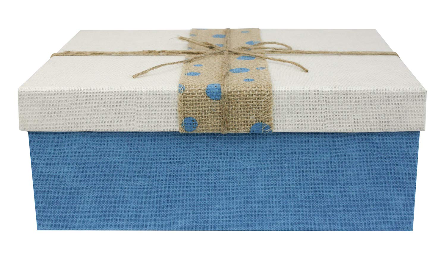 Emartbuy Rigid Luxury Rectangle Shaped Presentation Gift Box, 26.5 cm x 19.5 cm x 10.5 cm, Blue Box with White Lid, Chocolate Brown Interior And Dotted Jute Decorative Ribbon