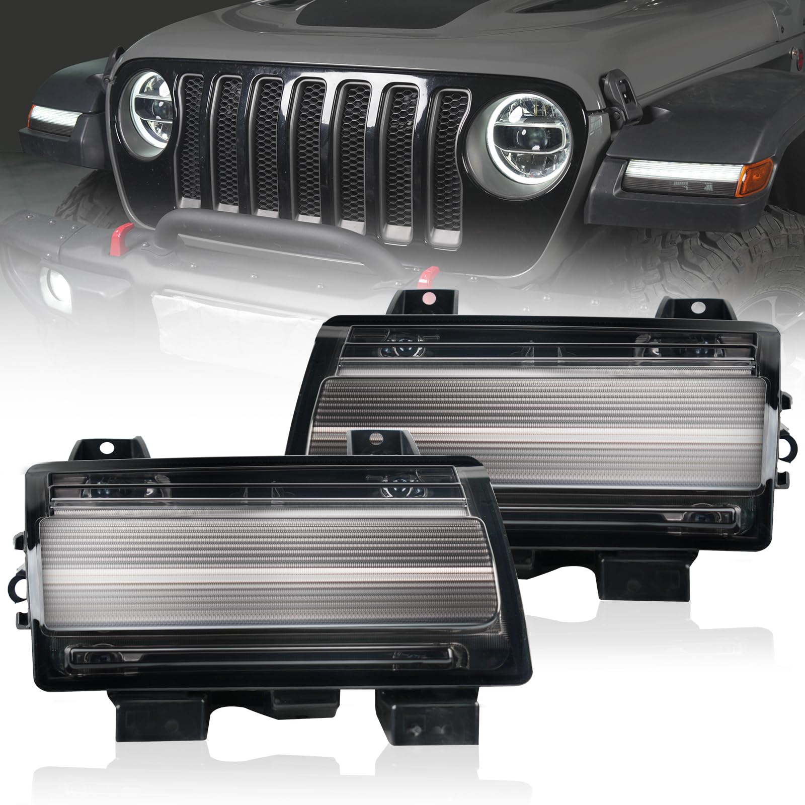 Photo 1 of LitMiRaCle Upgrade LED Fender Light Sequential Flashing Turn Signal Lamp (with DRL) for Jeep Wrangler JL 2018-2023, Smoke Lens Halogen Lamp Upgrade Front Wheel Eyebrow Light?Not Fit Sport Model?