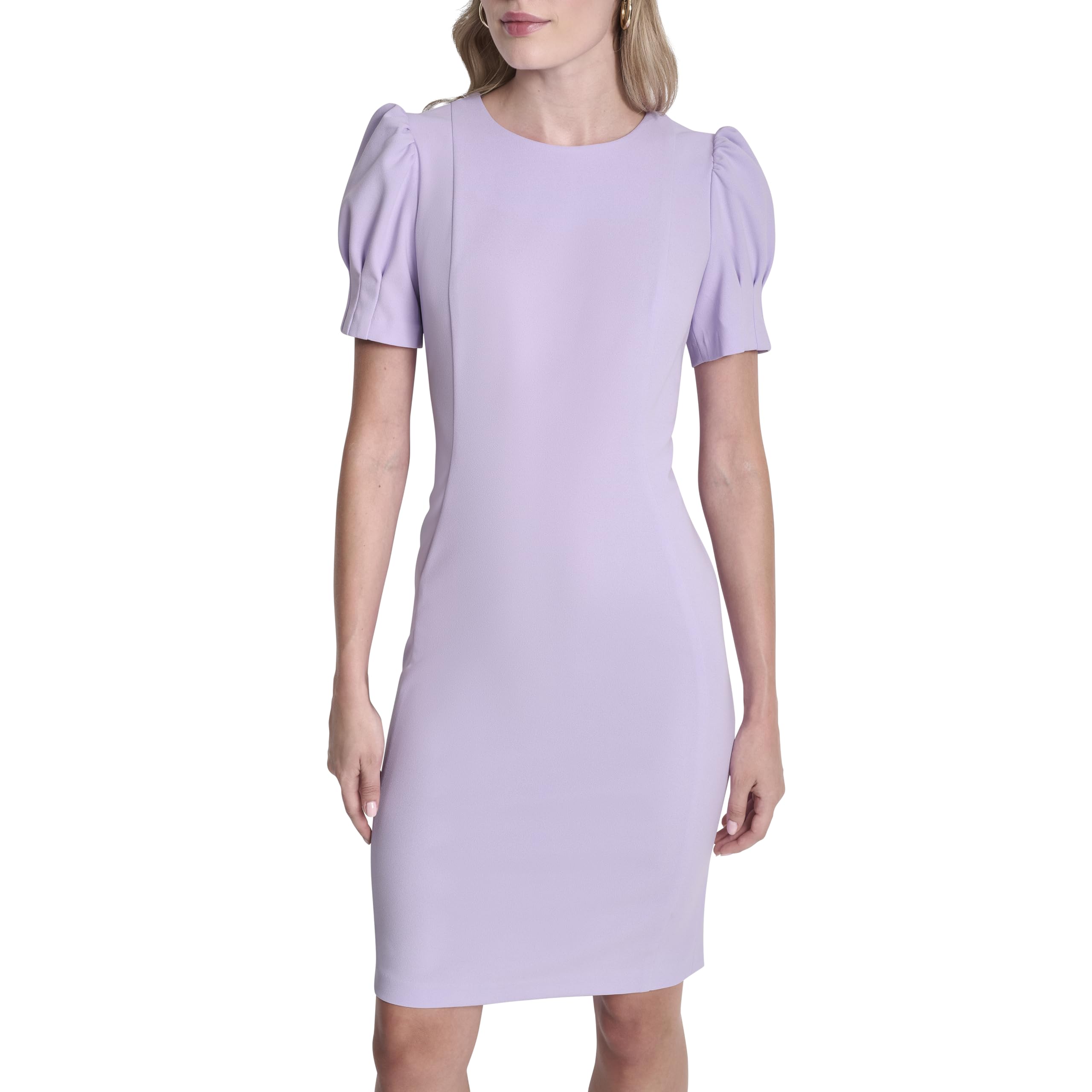 DKNY Women’s Short Puff Sleeve Jewel Neck Exposed Zipper Knee Length Dress, Opal, 16