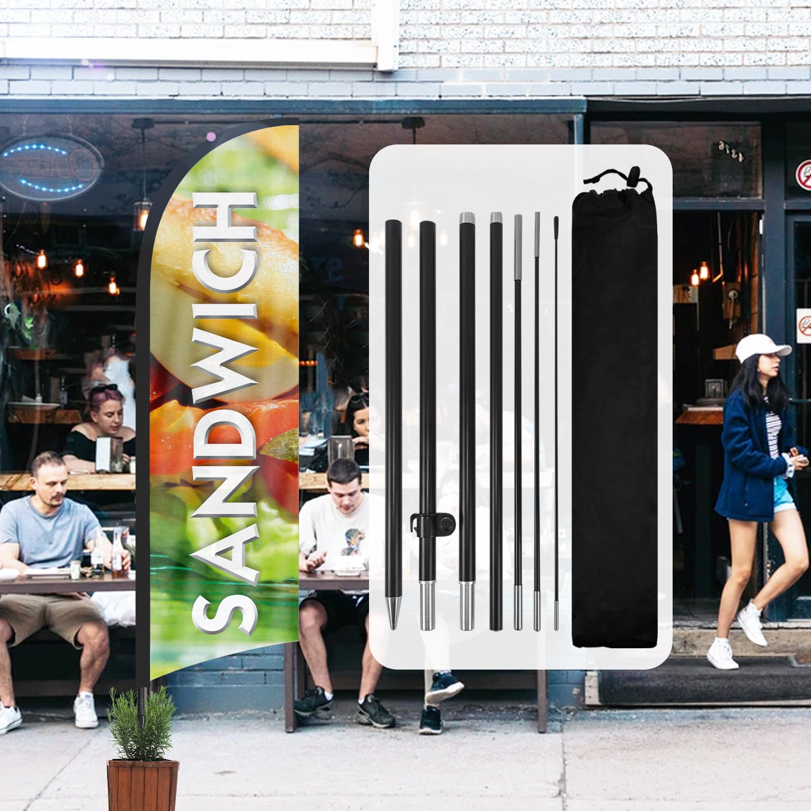 QSUM Sandwich Feather Flag,8FT Sandwich Advertising Swooper Flag with Pole Kit, Ground Spike, Signs for Businesses and Storefronts