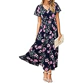 Simplee Womens Floral Maxi Dress Short Sleeve Summer Boho Wedding Guest Dress Empire Waist Chiffon Modest Midi Dresses
