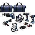 BOSCH GXL18V-601B25 18V 6-Tool Combo Kit with 2-In-1 Bit/Socket Impact Driver, Hammer Drill/Driver, Reciprocating Saw, Circular Saw, Angle Grinder, Floodlight and (2) CORE18V 4 Ah Compact Batteries