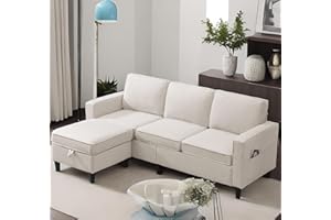 PUREMIND 78 Inches Convertible Sectional Sofa, Linen L-Shaped Sofa Couch with Reversible Storage Ottoman, Wooden Legs, 3-Seat Sectional Couches for Small Space, Apartment, Office (Beige)