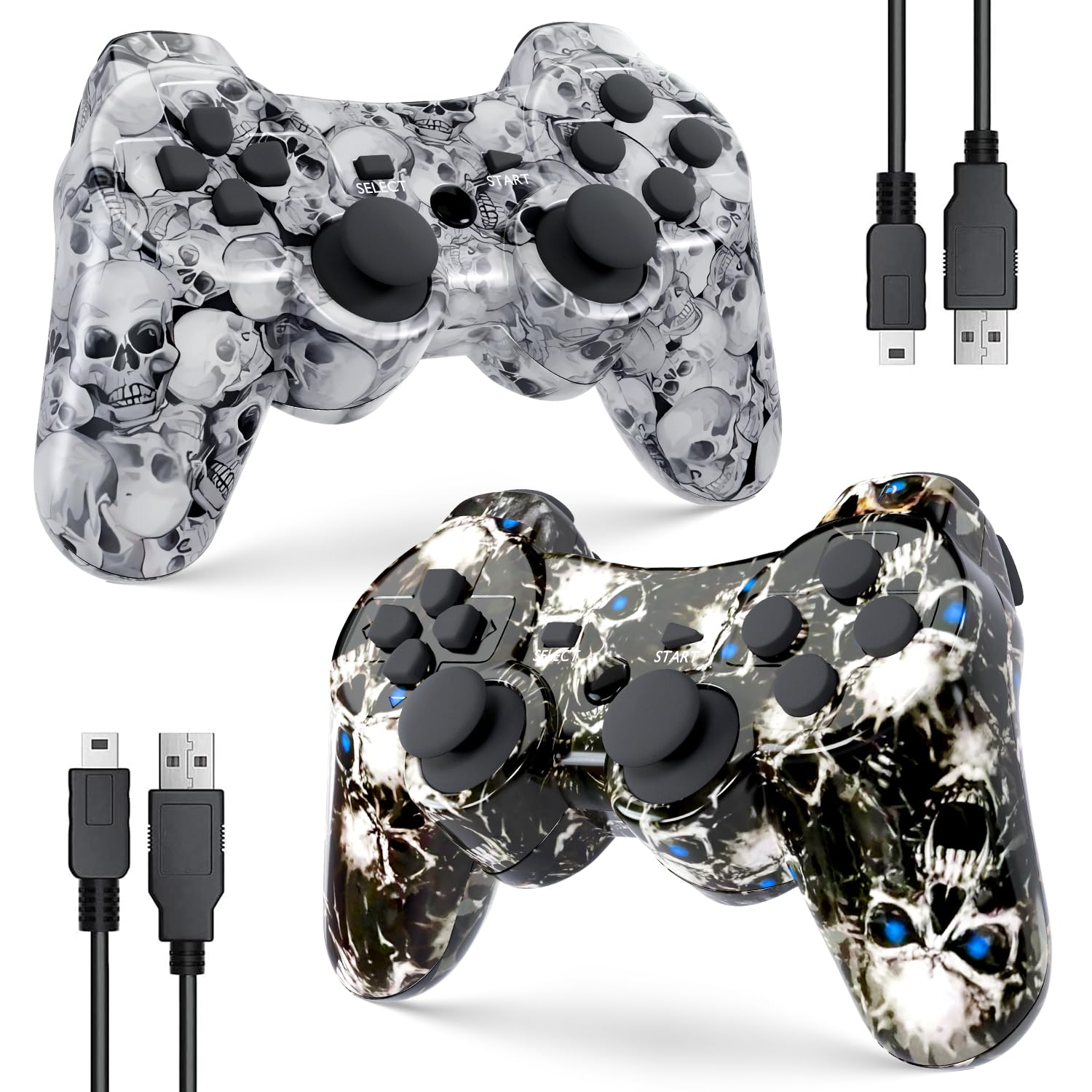 Controller for PS-3 Wireless, Gaming Remote Joystick for Play 3 with Charger Cable Cord (Black Ghost, White Skull)