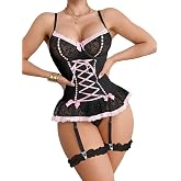 Foxiny Women's Underwire Lace Corset Bustier Lingerie Set | Functional lacing adjusts waist fit; unlined cups and ruffled peplum add shape; front garter straps, thong and thigh highs