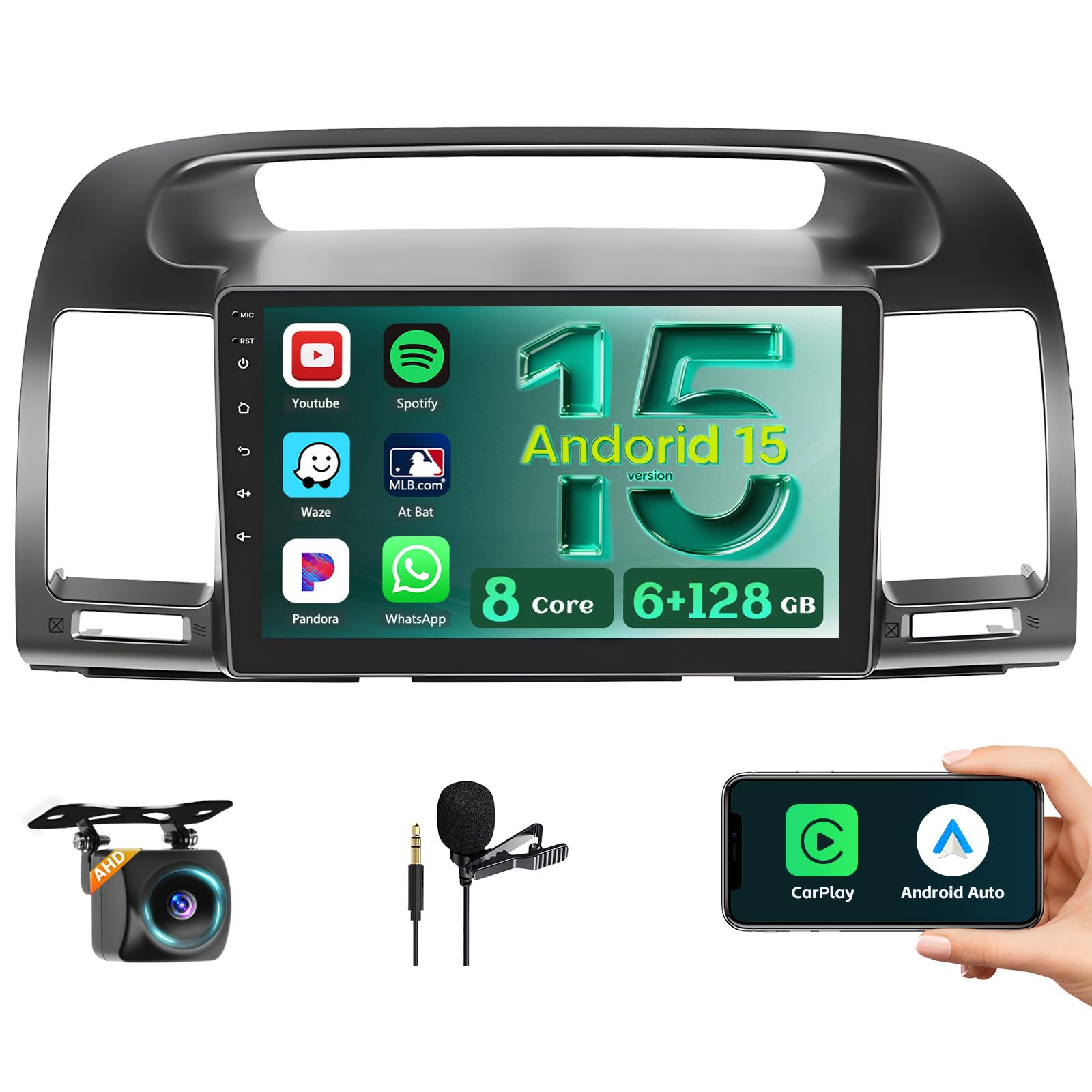 Photo 1 of [8-Core 6+128G] Hikity Android 15 Car Stereo for 2000-2006 Toyota Camry with Wireless Carplay Android Auto, 9 Inch IPS Touch Screen Radio Bluetooth GPS WiFi 32EQ DSP FM RDS SWC+MIC Backup Camera