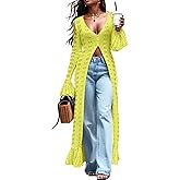 KWSTAIN Cardigan Sweaters for Women Trendy Lightweight Crochet Long Duster Button Up Bell Long Sleeve Ruffle Knit Maxi Dress